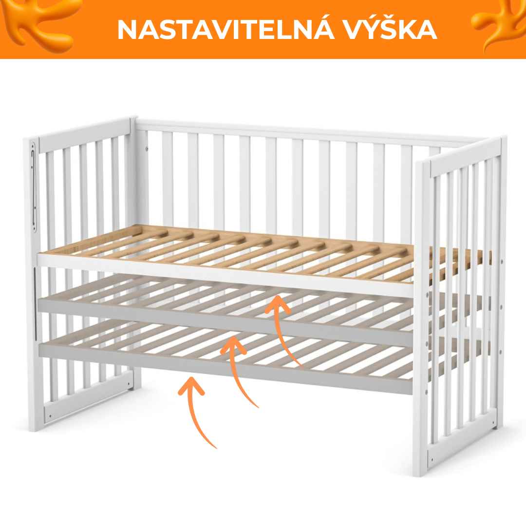 Sada. Dětská postýlka Sleeppo Gekko Kids 120x60 s kvalitní matrací Hilding Anders. Bílá